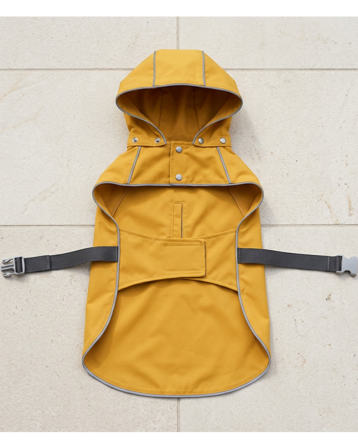 Qlvnd Hooded Pet Raincoat Large Mustard Reflective Trim - Lifestyle view