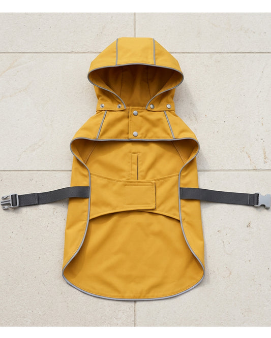Qlvnd Hooded Pet Raincoat Large Mustard Reflective Trim - Lifestyle view