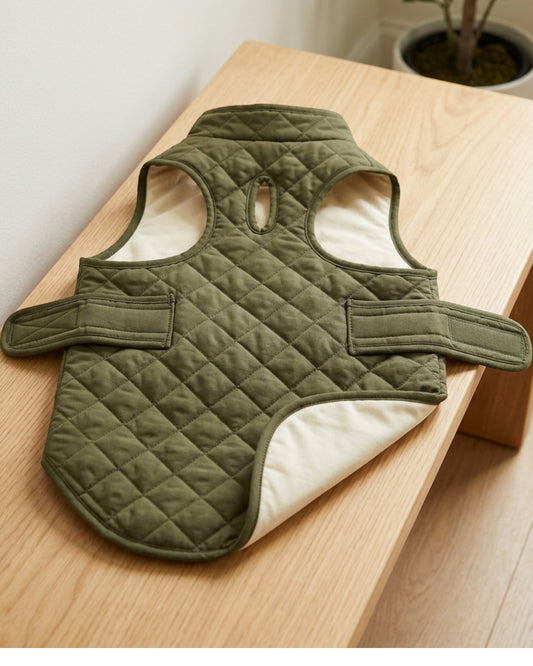 Qlvnd Reversible Quilted Pet Vest Medium Olive Cream - Lifestyle view